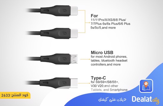 Porodo 4 in1 USB Cable Lightning / Type-C / Micro Durable Fast Charge and Data Cable  - DealatCity Store