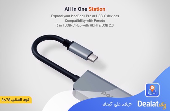 Porodo 3 in 1 Aluminum USB-C Hub - dealatcity store