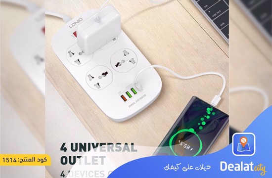 LDNIO SC4407 2 Meters Power Socket with 4 Socket Outlets and 4 USB Port - DealatCity Store	