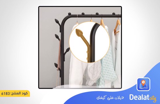 Metal Clothes Rack with 2 Storage Shelves with  Hooks and  Side Hangers for Hanging Clothes and Hats