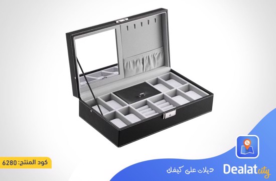 Watch and Accessories Organizer Box 10 Compartments, with Mirror and Side Hangers for Chains