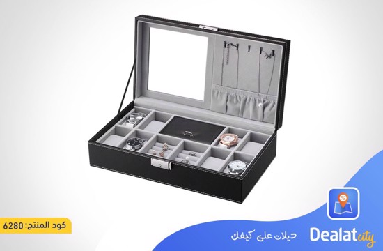 Watch and Accessories Organizer Box 10 Compartments, with Mirror and Side Hangers for Chains