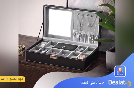 Watch and Accessories Organizer Box 10 Compartments, with Mirror and Side Hangers for Chains