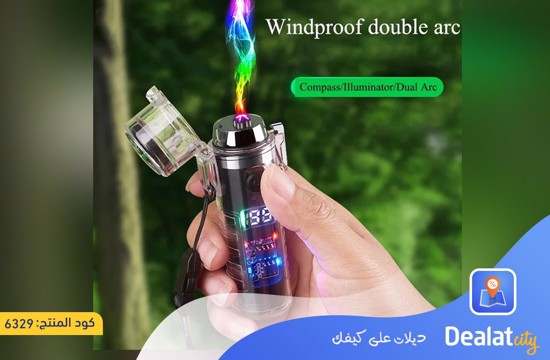 Transparent Double Arc Rechargeable Electric Lighter with Flashlight Compass and LED Display Windproof and Waterproof