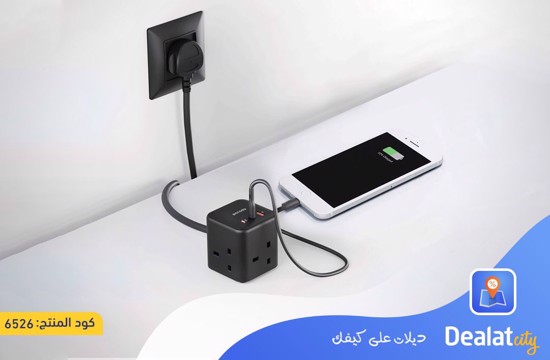 Porodo GaN Power Cube Multi-Port Charger (3 Power Outlets, USB-A Port, USB-C Port, PD Port) 2m