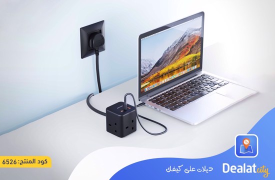 Porodo GaN Power Cube Multi-Port Charger (3 Power Outlets, USB-A Port, USB-C Port, PD Port) 2m