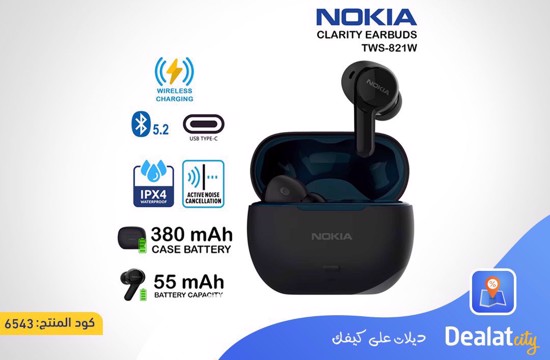 Nokia Clarity Earbuds TWS-821W with Charging Case with with Dual Microphones and USB-C for Recharging with Noise